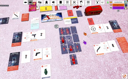 Screenshot of the Tabletop Simulator mod for Gun It, looking down at all the components in game