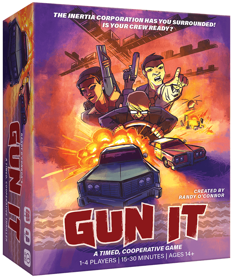 The Gun It box, viewed at a slight angle, it is a dramatic view of a black woman holding a shotgun, an Asian man holding a pistol, and a white man holding a steering wheel. In front of them two cars are outrunning an explosion.