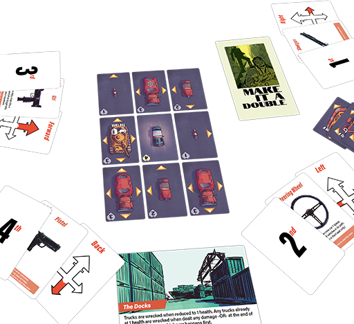 The components of the Gun It tabletop game, laid out as if the game were being played, with vehicle tiles and action cards