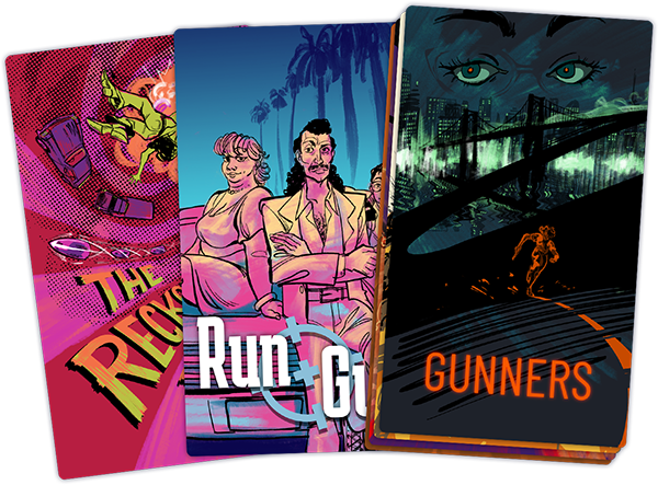 Three tarot-sized scenario cards for Gun It. The Reckless Road, a psychadelic comic, Run and Gun, an 80s tv show with a cover like Miami Vice, and Gunners, a gritty dark image with a figure running towards the camera on a twisting road, with a distant large city in the background and two eyes hovering high above.